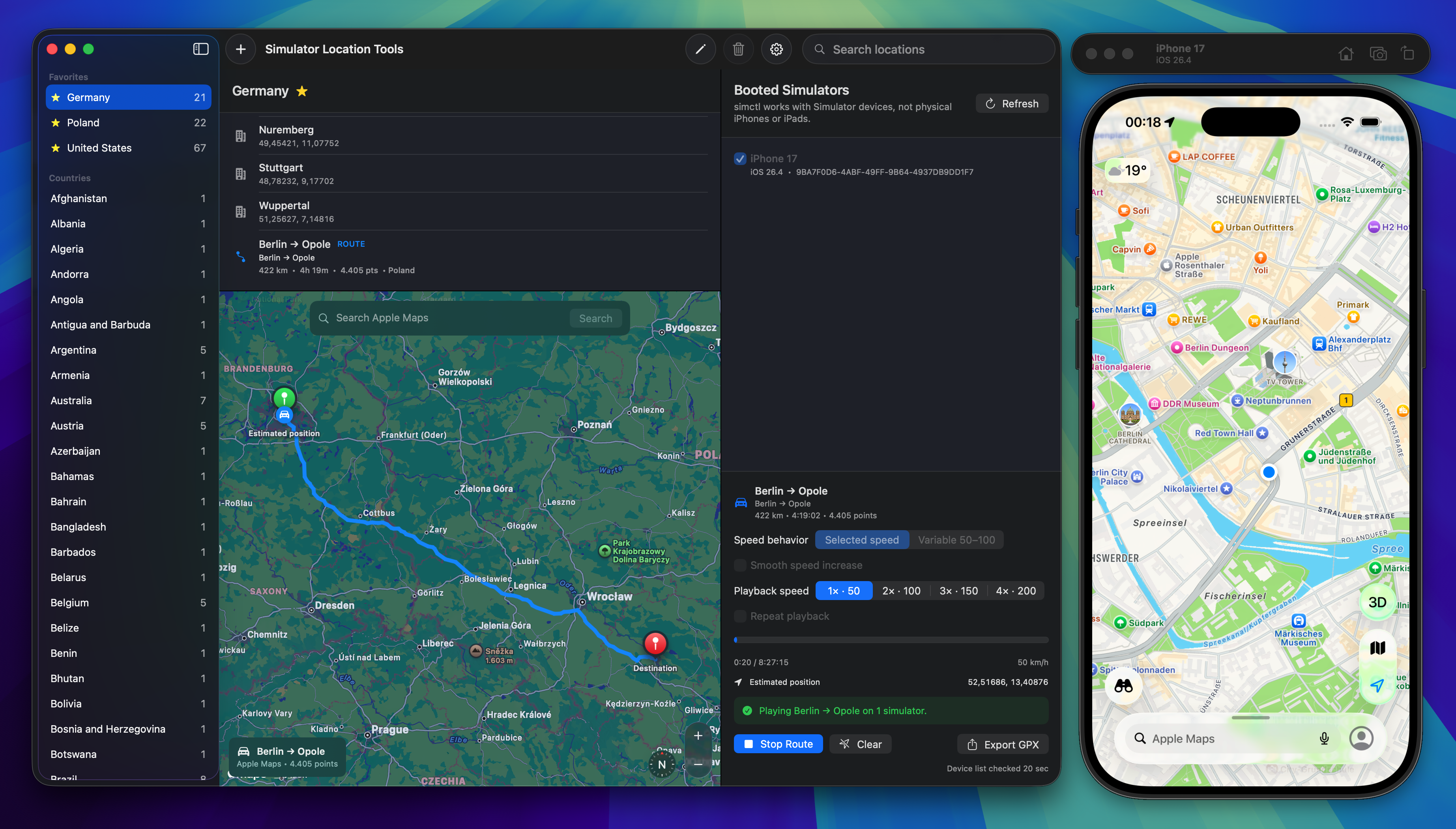Simulator Location Tools - Driving route playback with speed controls and live progress