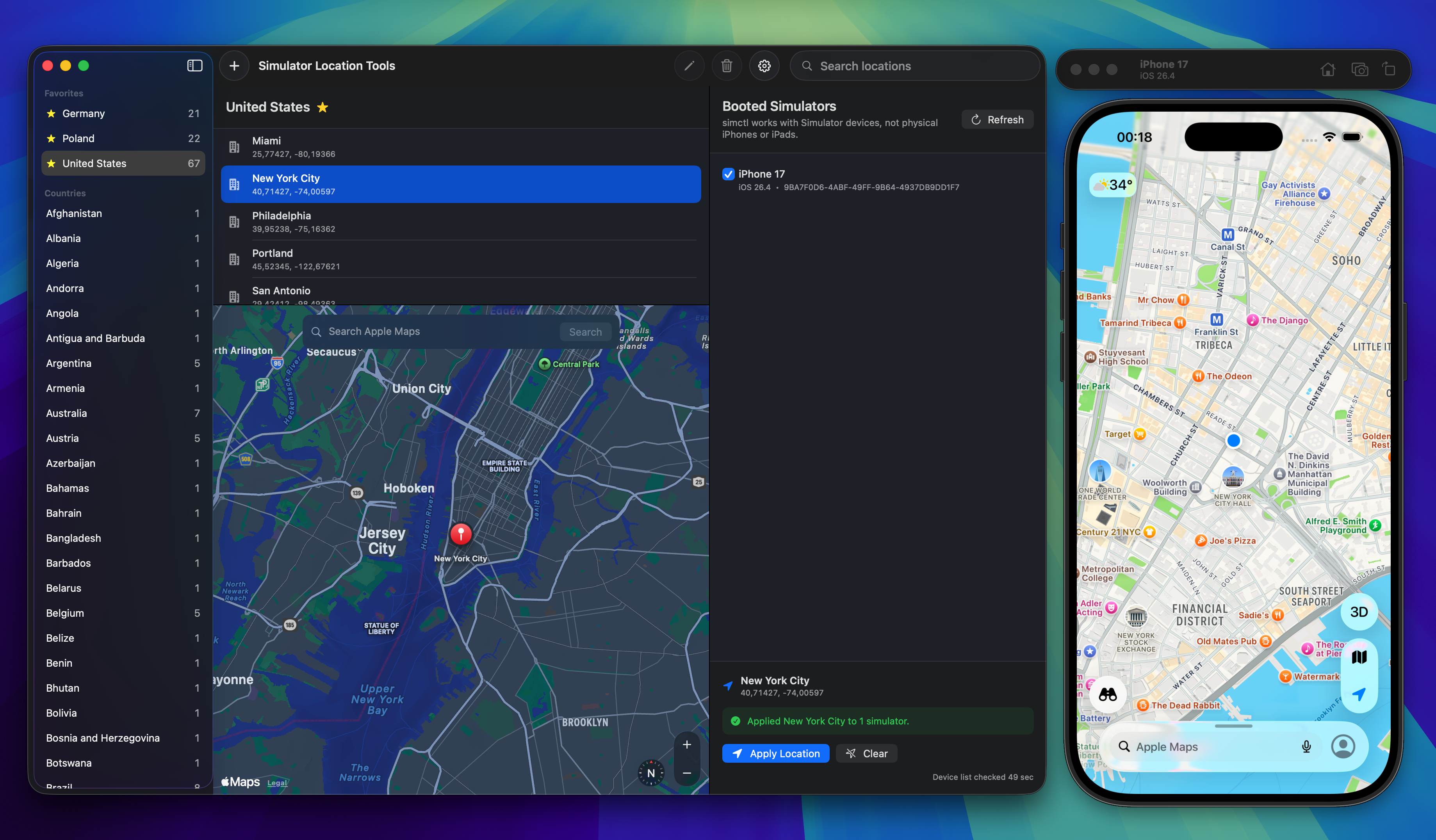 Simulator Location Tools - Select a country and city, preview on Apple Maps, and apply to booted iOS Simulators